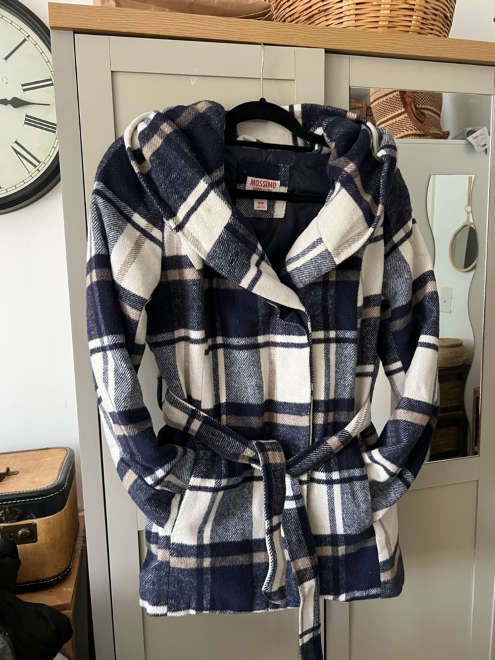 Mossimo Supply Co. Hooded Plaid Belted Coat - Navy, White & Tan - Picture 2 of 7